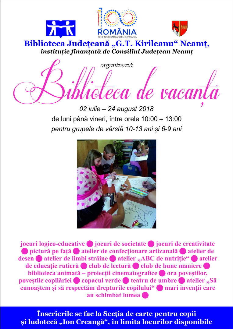 Bibliotecă de vacanță și program estival la Biblioteca Județeană&nbsp;Neamț