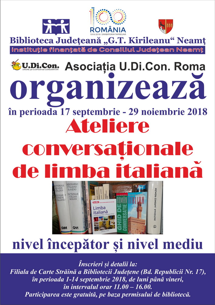 Ateliere conversaționale de italiană, gratuite, la Biblioteca Județeană&nbsp;Neamț